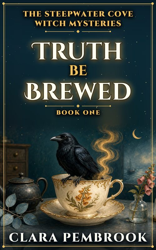 Cover of Truth Be Brewed by Clara Pembrook: a black raven perched on a steaming teacup under a crescent moon
